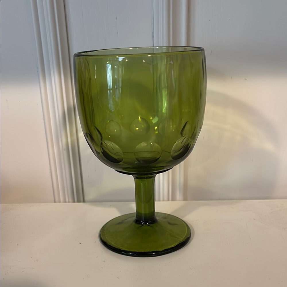VINTAGE 1970s Bartlett Collins Avocado Green Thumbprint Glass Stemmed Goblet